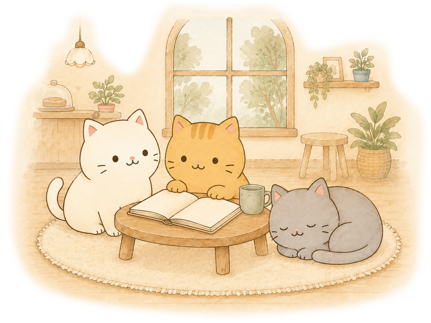白ねこ、茶トラ、グレーのねこが、日差しの入るカフェで過ごすイラスト